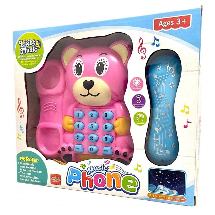 Interaktív játék, Zenés telefon hangokkal, Fények, Ragyogó szemek, Kivetítés, Rózsaszín