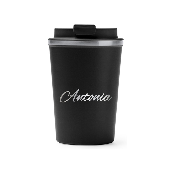Термо чаша Intelli® Travel Mag Okele, Персонализирана с име Антония, Без BPA, Поддържа напитката гореща или студена, Вместимост 450 мл, Черна, 1926244 OkBL 65