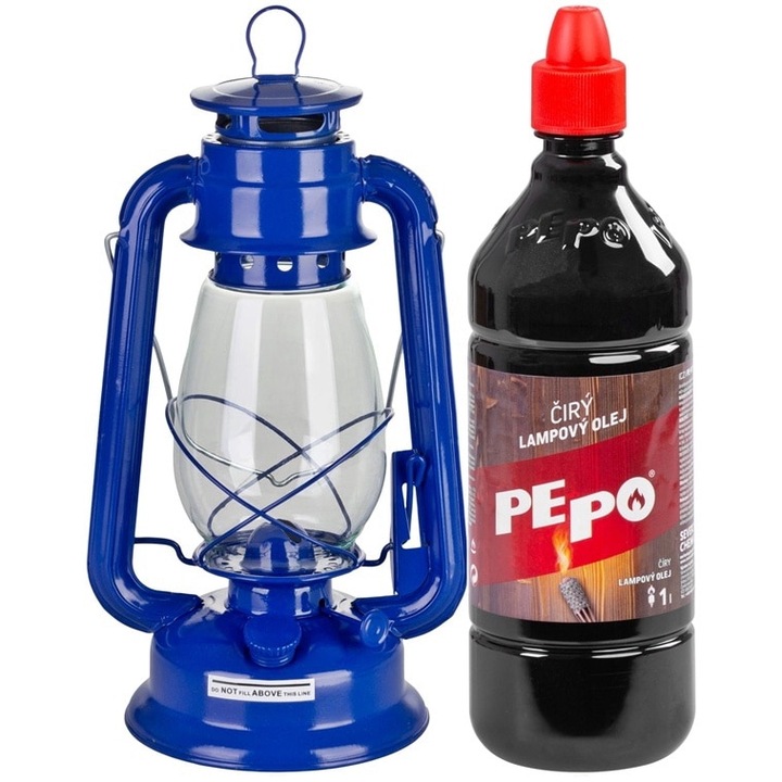 Set lampa cu fitil + ulei lampa 1l, culoare albastra, inaltime 30cm