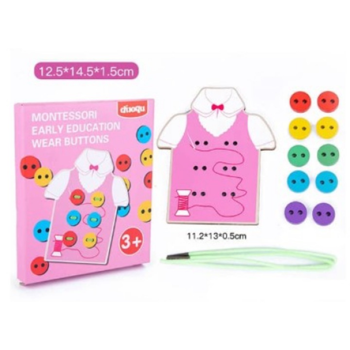 Kit Educational pentru a Invata sa Coase Nasturi, Joc din lemn de Snuruit, Roz, + 3 ani