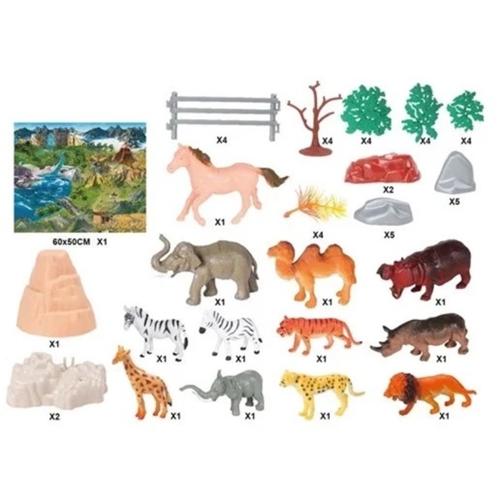 Joc educativ cu plansa si 50 animale salbatice pentru copii 3+ ani, Plastic, 16x16x30cm, Multicolor