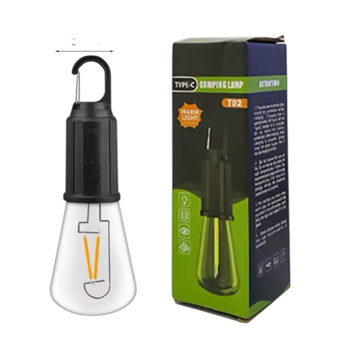 Тип C LED лампа за къмпинг, USB акумулаторна, водоустойчива, 400 mAh, за палатка, с кука, 3 режима на външно осветление