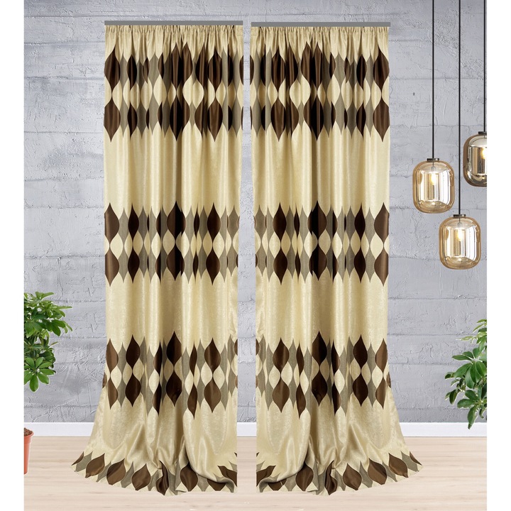 Set 2 draperii black-out, 2x150x230 cm, textura catifelata, model geometric orizontal, bej/maro