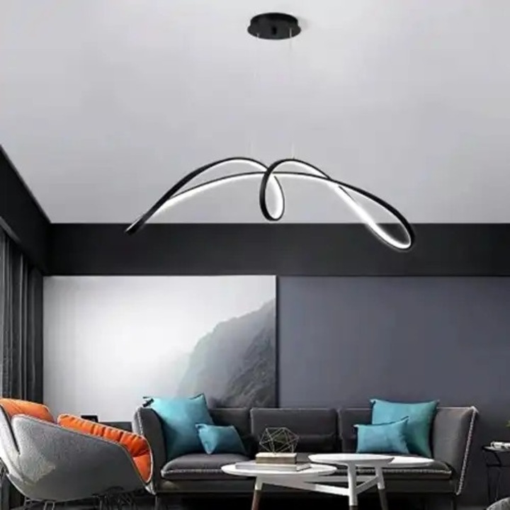 Lustra LED cu 3 tipuri de lumina si telecomanda, neagra, asimetrica, 108W, intensitate reglabila, lumina rece/neutra/calda, 96x36x120cm, IP21, suspendata, montaj tavan, LED CONCEPT