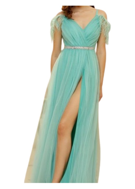 Rochie lunga eleganta din tulle fronsat accesorizata cu pene Emilie 5 -turcoaz 46