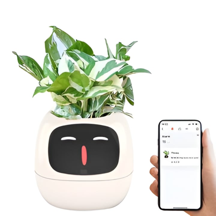 Ghiveci Inteligent Pentru Plante, Briftera™, Interactiv Cu Expresii Digitale, Ecran Smart Cu Ora Si Temperatura, Senzori Tactili Integrati, Decor Modern Pentru Birou Sau Casa, Usor De Utilizat Pe Desktop, Alb, 10x11x9.6cm