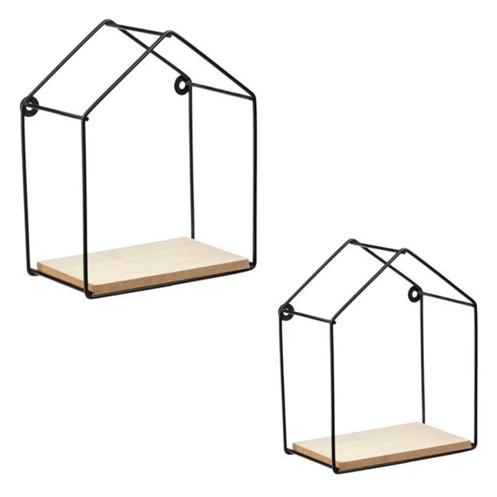Комплект от 2 декоративни рафтове, форма на къща, метал/MDF, 2 размера