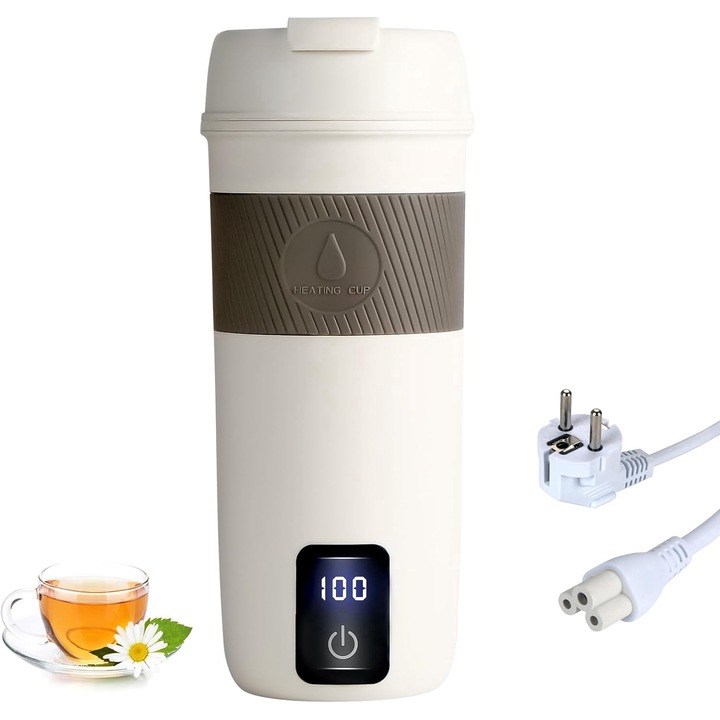 Cana termica 380ml, 300W, alimentare la 220V, alba, incalzire rapida, temperatura reglabila