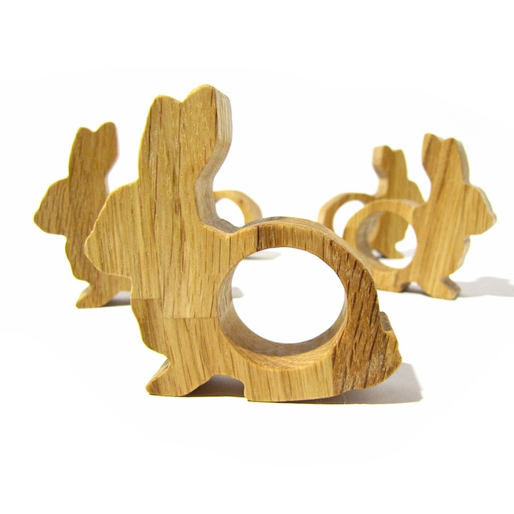 Set 6 inele pentru servetele din lemn masiv stejar, iepuri, 8x6x2 cm