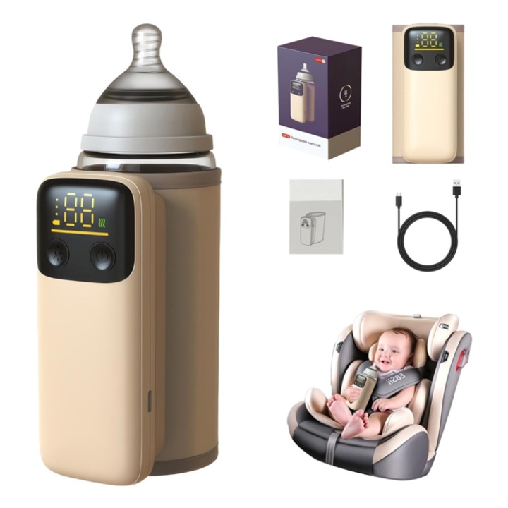 Incalzitor Biberoane Portabil SINZO® Incarcare USB, Baterie 8000mAh, Control Termic 6 Trepte, Afisaj Digital, Temperatura Constanta 24H, Design Compact, Eficient pentru Calatorii si Utilizare Zilnica