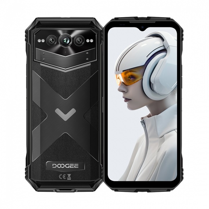 Мобилен телефон Doogee V Max Plus черен, 5G, 6.58" FHD+ 120Hz, 16GB RAM (16GB + 20GB разширяема), 512GB ROM, AI камера 200MP + нощно виждане 20MP, Dimensity 7050, Android 14, 22000mAh, NFC, две SIM карти