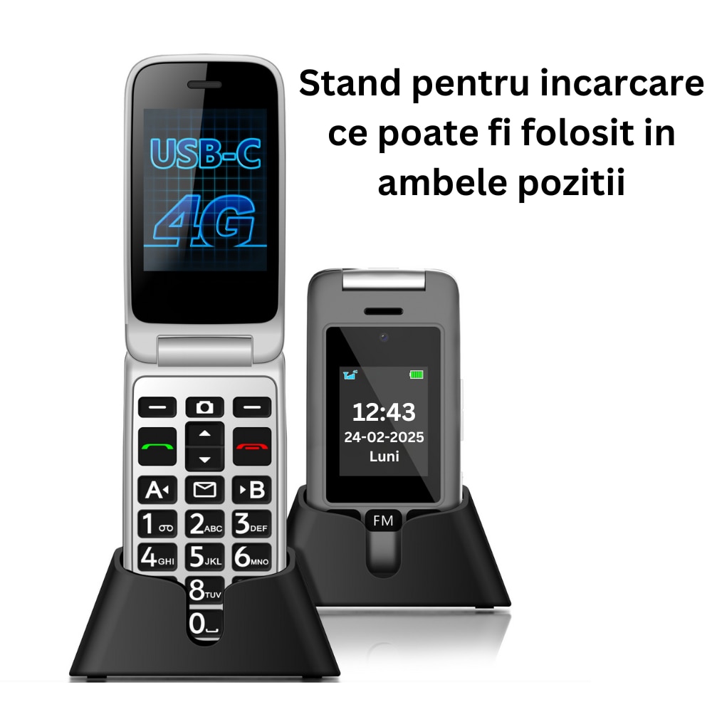 Telefon mobil cu clapeta pentru seniori, meniu in limba Romana, Display dublu, Stand incarcare, Retea 4G, Taste mari, Buton SOS, Micro SIM, Baterie 1300 mAh, usor de folosit pentru varstnici, pensionari si bunici, Functie Apelare Rapida, Ecran 6.1 cm