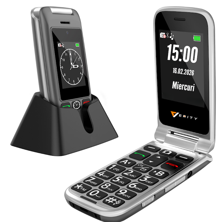 Telefon mobil cu clapeta pentru seniori, meniu in limba Romana, Display dublu, Stand incarcare, Retea 4G, Taste mari, Buton SOS, Micro SIM, Baterie 1300 mAh, usor de folosit pentru varstnici, pensionari si bunici, Functie Apelare Rapida, Ecran 6.1 cm