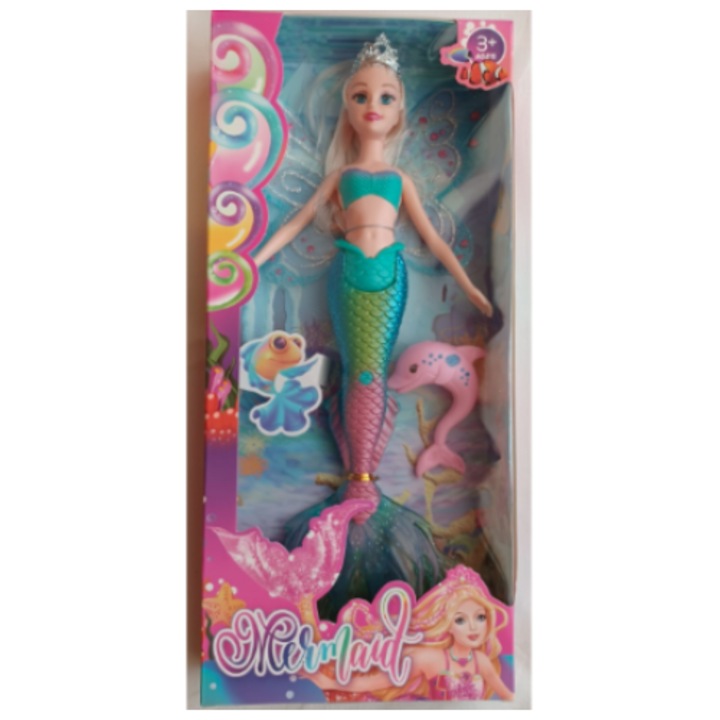 Sellő baba, 37 cm, többszínű, haj kiegészítőkkel