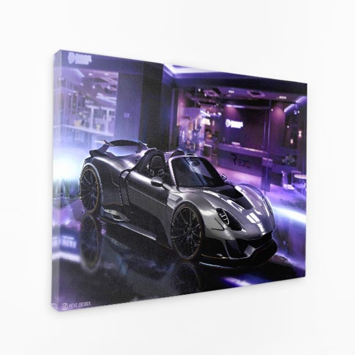 Комплект от три разпечатки върху канава - състезателна кола в изложбена зала, спортна кола Red Bull, светещи светлини - 150x100 cm