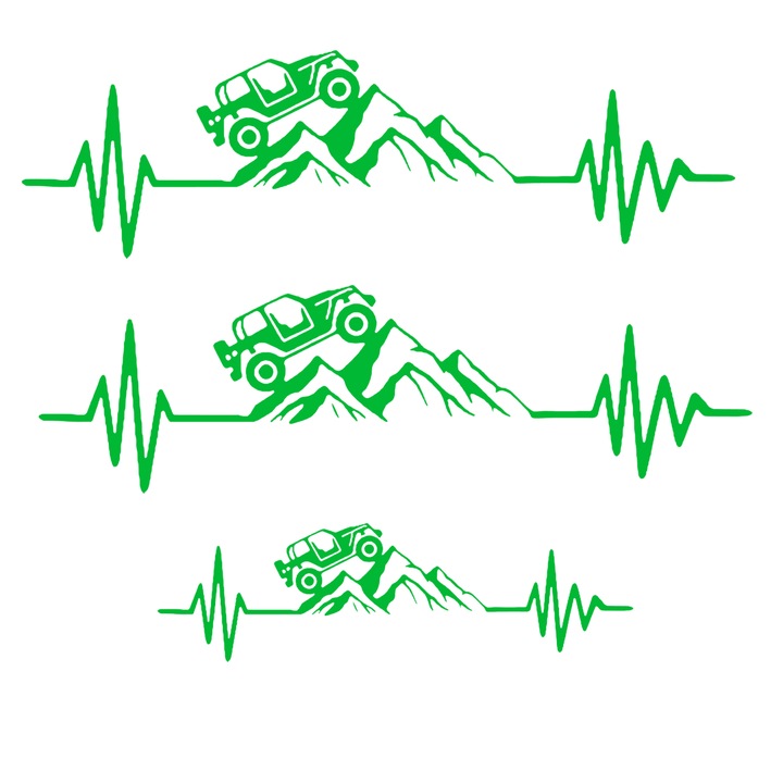 Set 3 stickere Jeep 4x4 off road pe munte cu batai de inima, verde