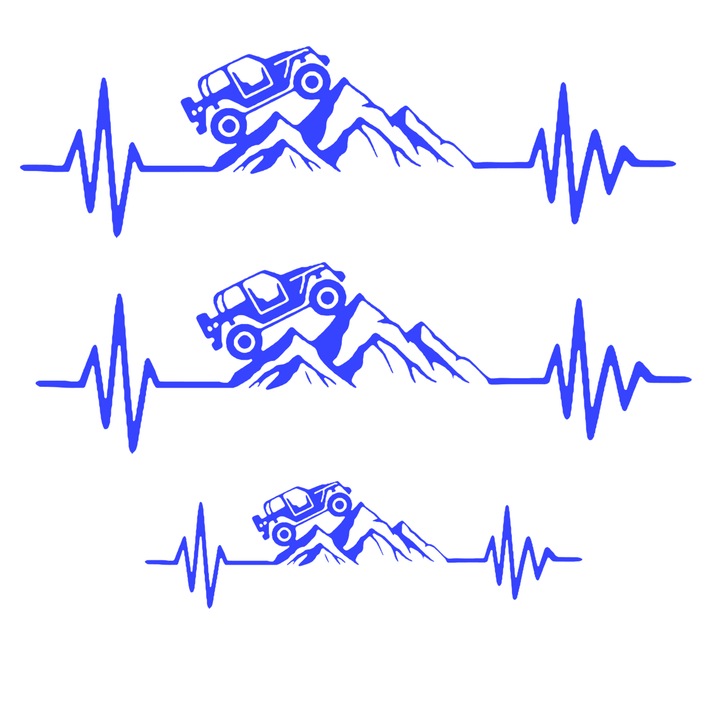 Set 3 stickere Jeep 4x4 off road pe munte cu batai de inima, albastru