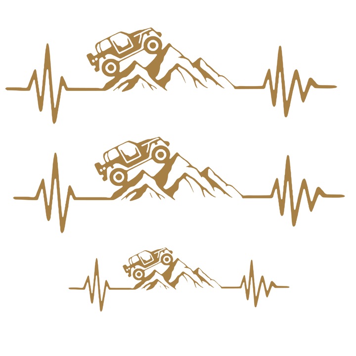 Set 3 stickere Jeep 4x4 off road pe munte cu batai de inima, cupru