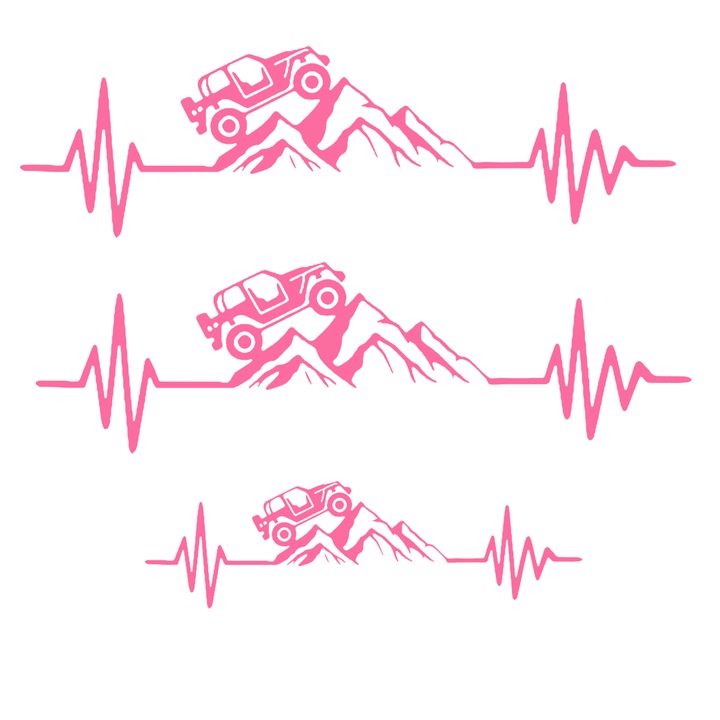 Set 3 stickere Jeep 4x4 off road pe munte cu batai de inima, roz