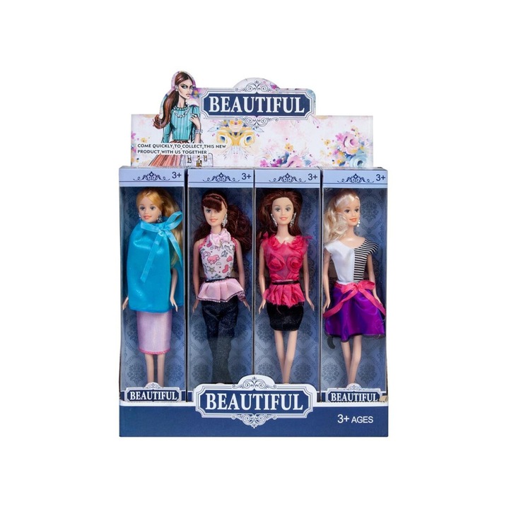 Set 4 Papusi Mega, 29cm, plastic, par sintetic, multicolor