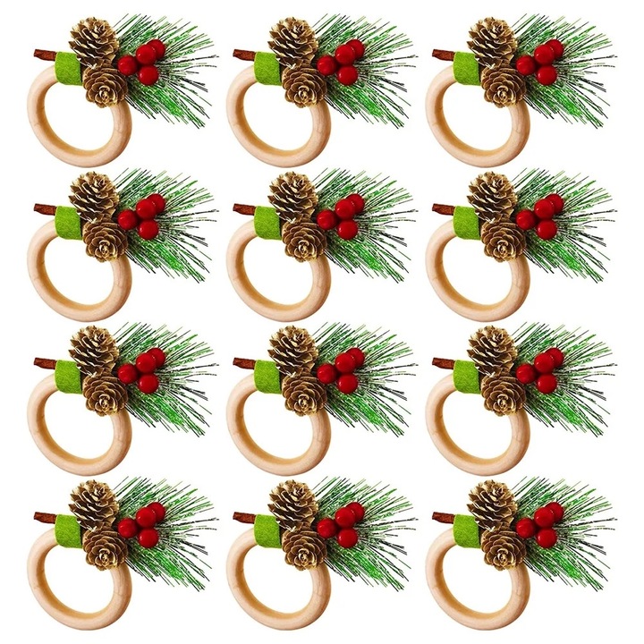 Комплект от 12 дървени салфетници с елхови шишарки за Коледа, партита, рождени дни, многоцветни