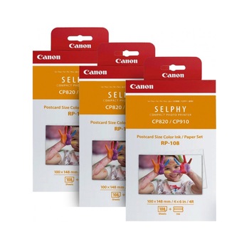 Kit 3 Seturi Canon RP-108 (Ribon + set hartie pentru Canon Selphy: CP820, CP910, CP1000, CP1200) Kit 3 Seturi Canon RP-108 (Ribon + set hartie pentru Canon Selphy: CP820, CP910, CP1000, CP1200)