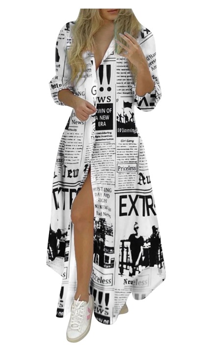 Ежедневна макси рокля, дълбоко V-образно деколте, дълъг ръкав, висока цепка, памук, XL INTL