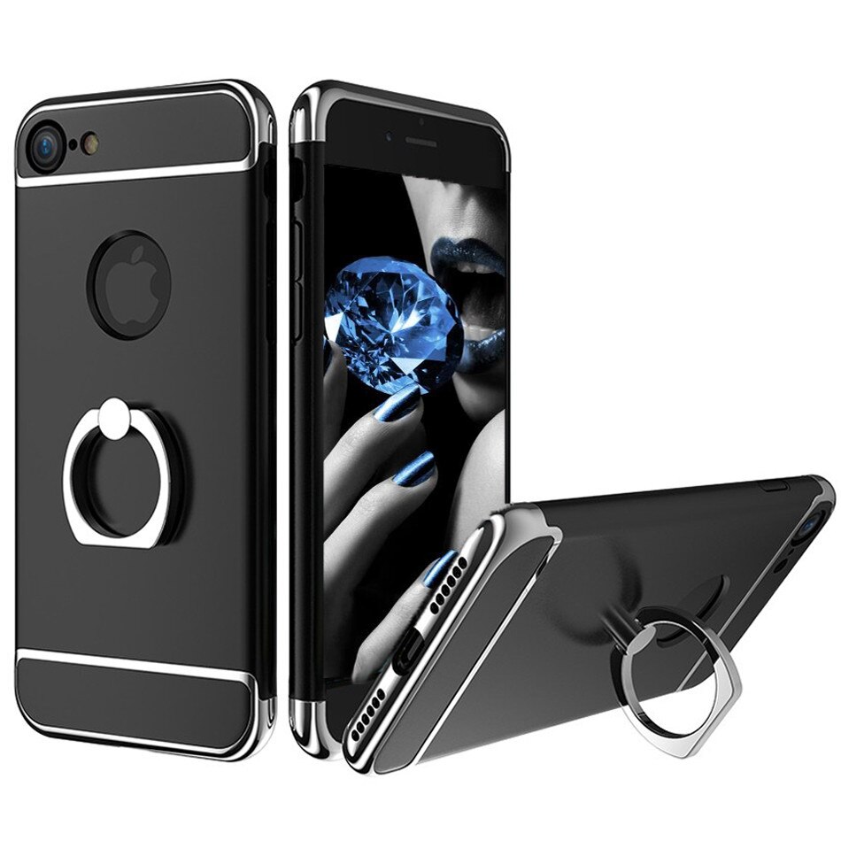 Set Complet Husa telefon Iphone 7 Plus ofera protectie 3in1 Ultrasubtire - Deluxe Black Ring+ Folie Sticla