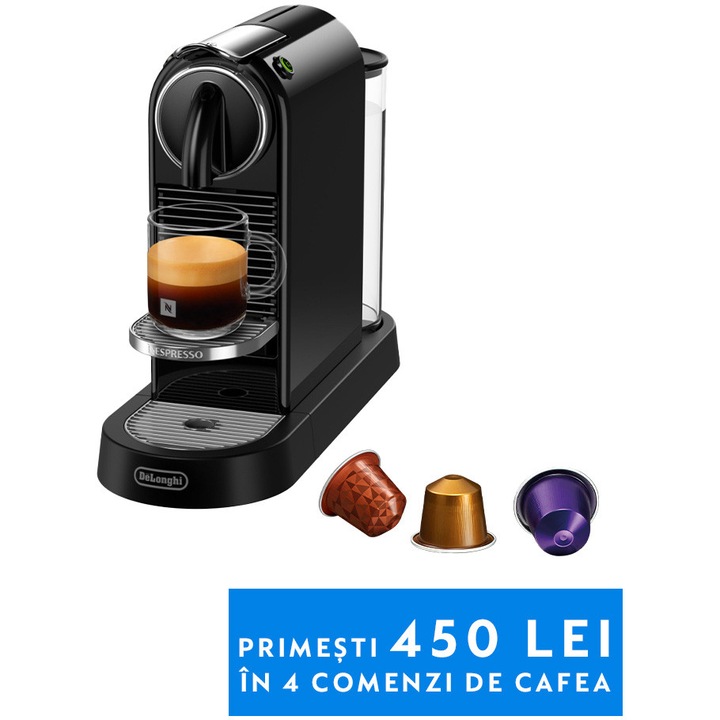 Espressor Nespresso by De'Longhi CitiZ Black, 19 bari, 1260 W, Negru, set capsule degustare inclus