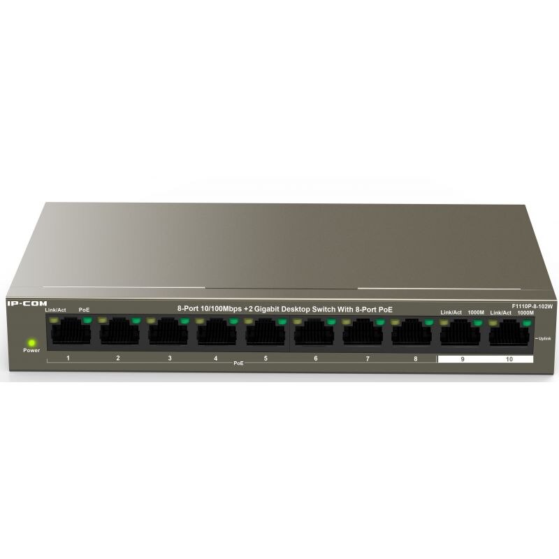 Switch PoE IPCOM F1110P-8-102W,10porturi, 8*PoE 10/100 Mbps+ 2*Gigabit uplink, sursa 102W, mod CCTV 250M, protectie fulgere ,6kV lighting protection