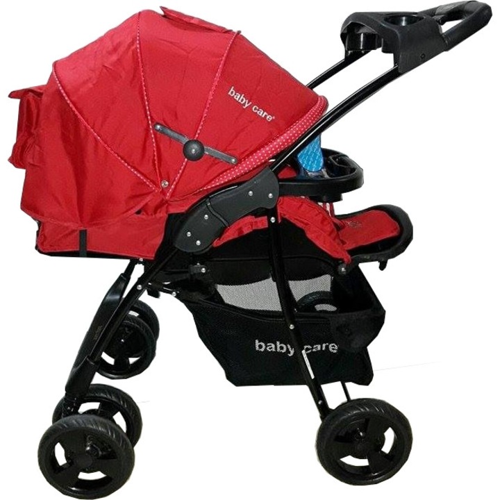Бебешка количка 2 в 1 Baby Care™ M203, Люлеещ се стол, 3-степенна регулируема облегалка, Детска количка, Метална рамка, Крачна спирачка, Ярко червено