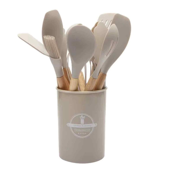 Set de 12 bucati din silicon cu maner din lemn antiaderent Set de 12 bucati Spatula de gatit pentru bucatarie Set de 12 bucati
