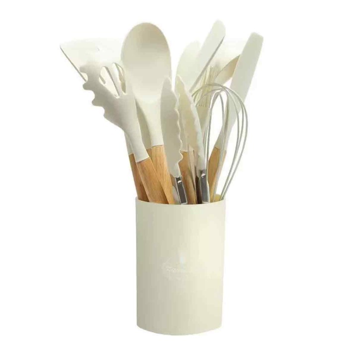 Set ustensile de bucatarie, Fokelyi 12 piese, manere durabile, alb/maro