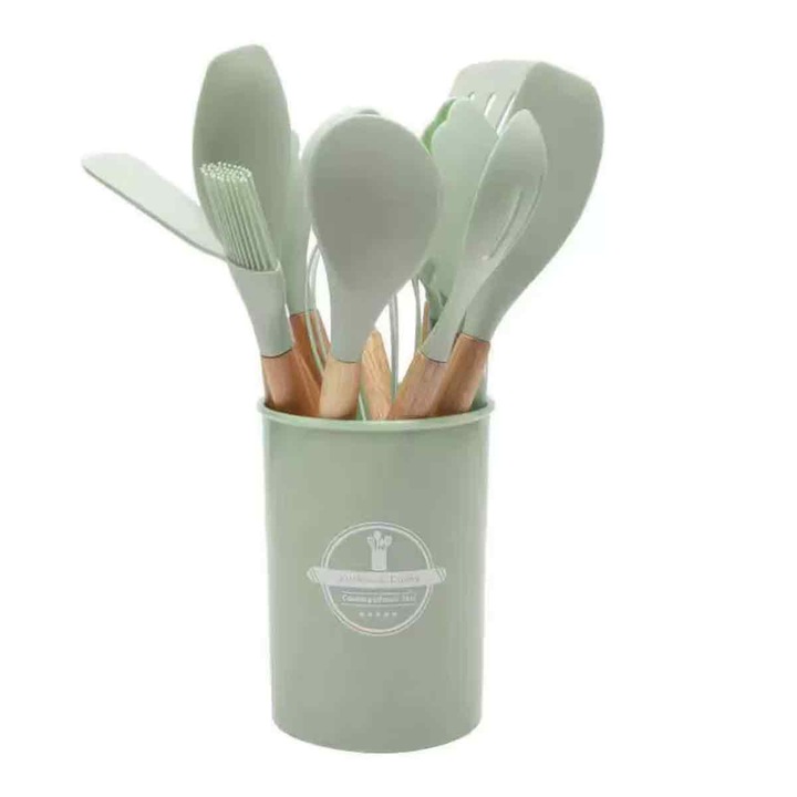 Set de 12 bucati din silicon cu maner din lemn antiaderent Set de 12 bucati Spatula de gatit pentru bucatarie Set de 12 bucati