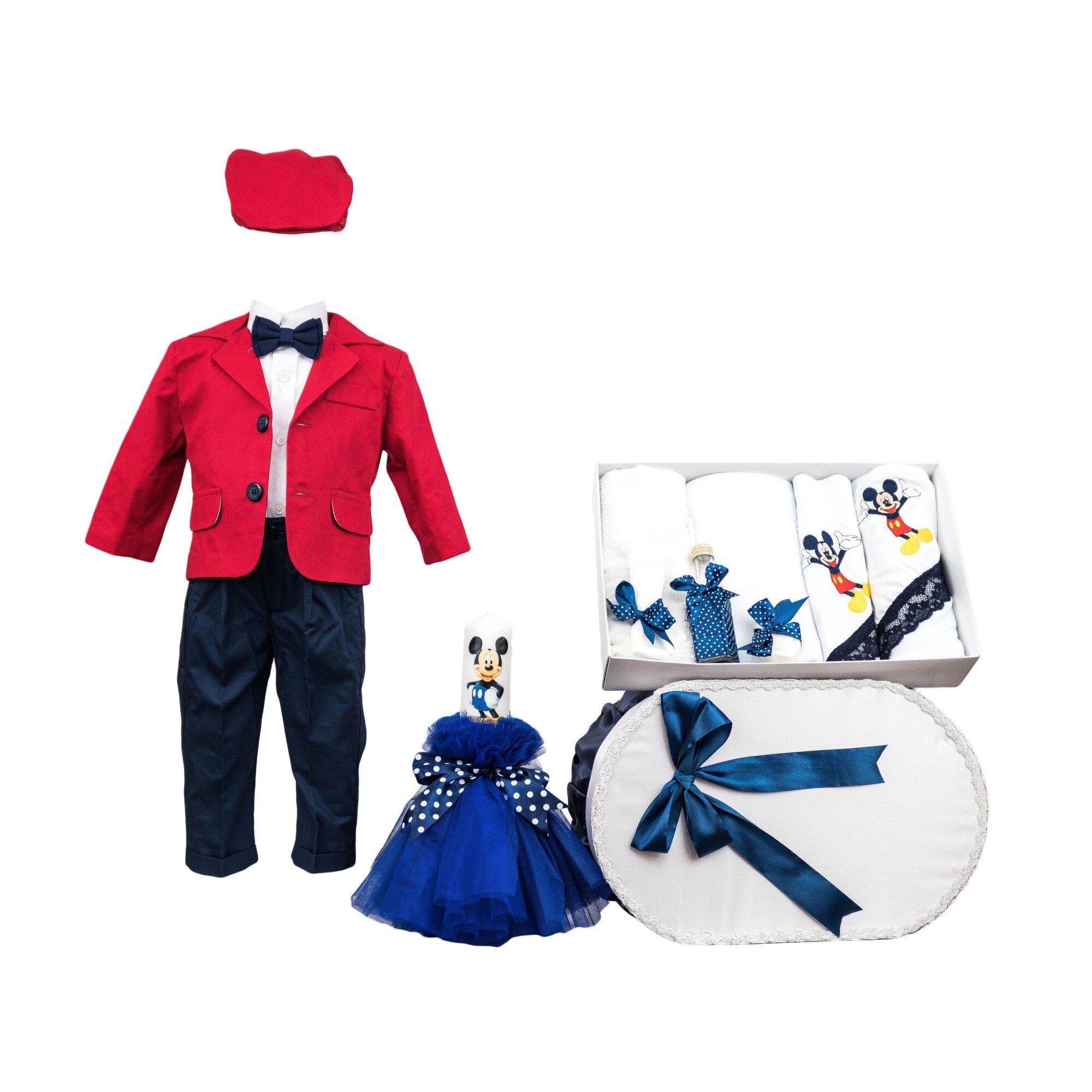 Set botez Mickey Mouse, patru piese culoare rosie, varsta 0-3 luni