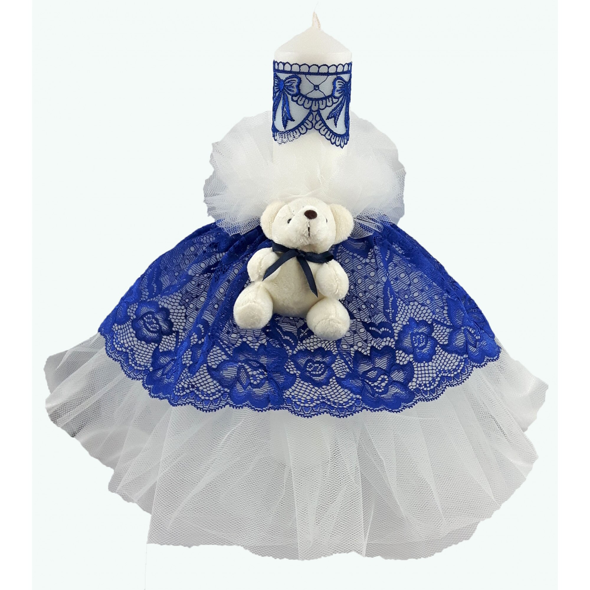 Lumanare cu dantela bleumarin pentru botez