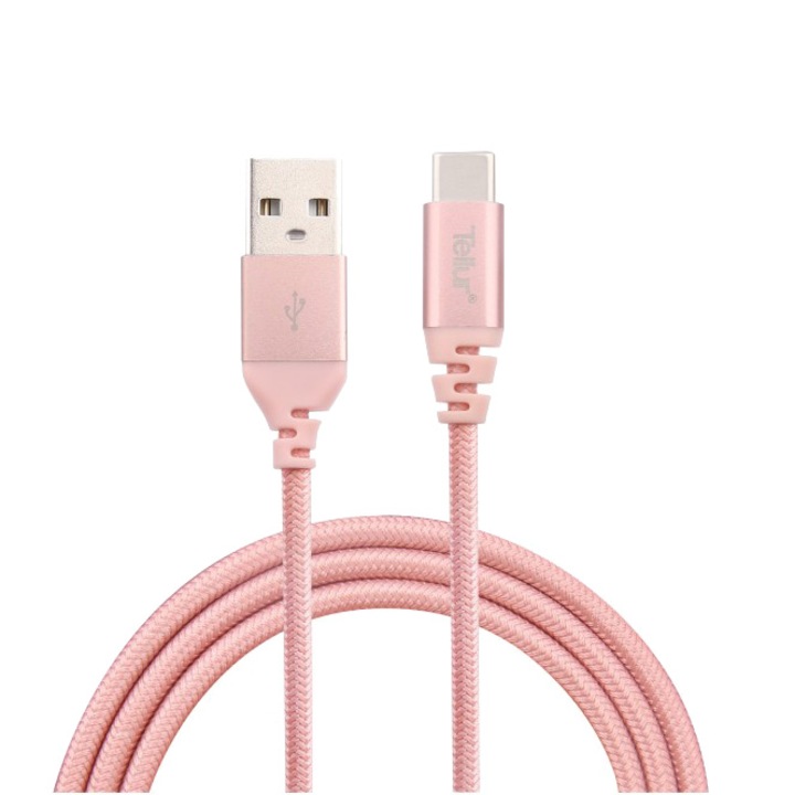 Cablu de date Tellur Kevlar, USB Type C, 3A, 1m, Roz/Auriu