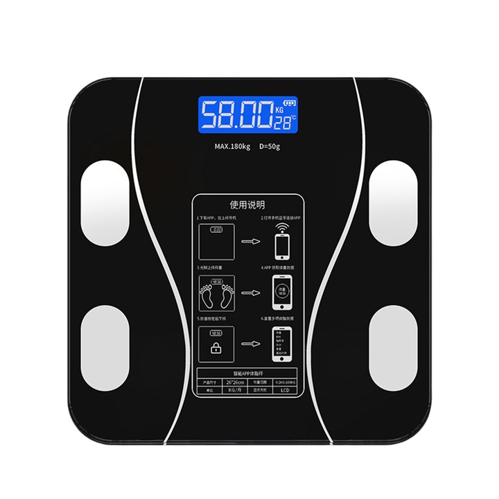 Интелигентен електронен кантар, Enforose, максимално поддържано тегло 180 кг, черен