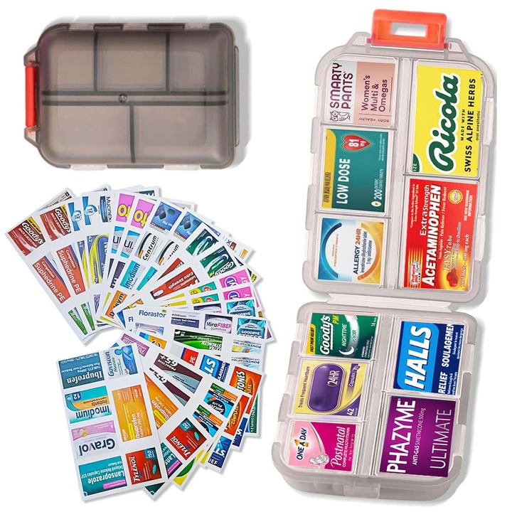 Organizator de pastile cu etichete pentru medicamente, multicolor