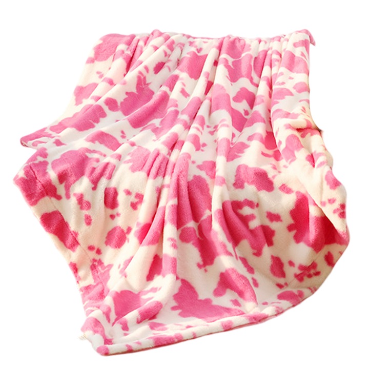 Одеяло от полар с принт на крава, Enforose, каки, розово, 130x160см