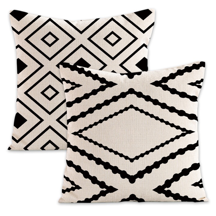 Fete de perna, Enforose, set de 2, geometrie alb-negru, 45x45cm