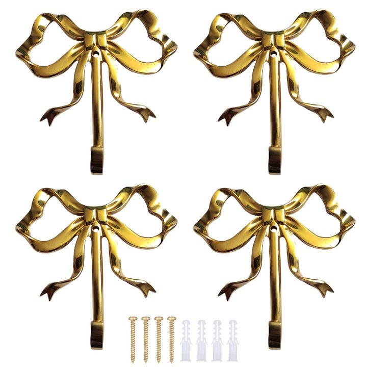 Set 4 carlige de perete cu nod, Enforose, aur, dimensiuni potrivite pentru orice spatiu