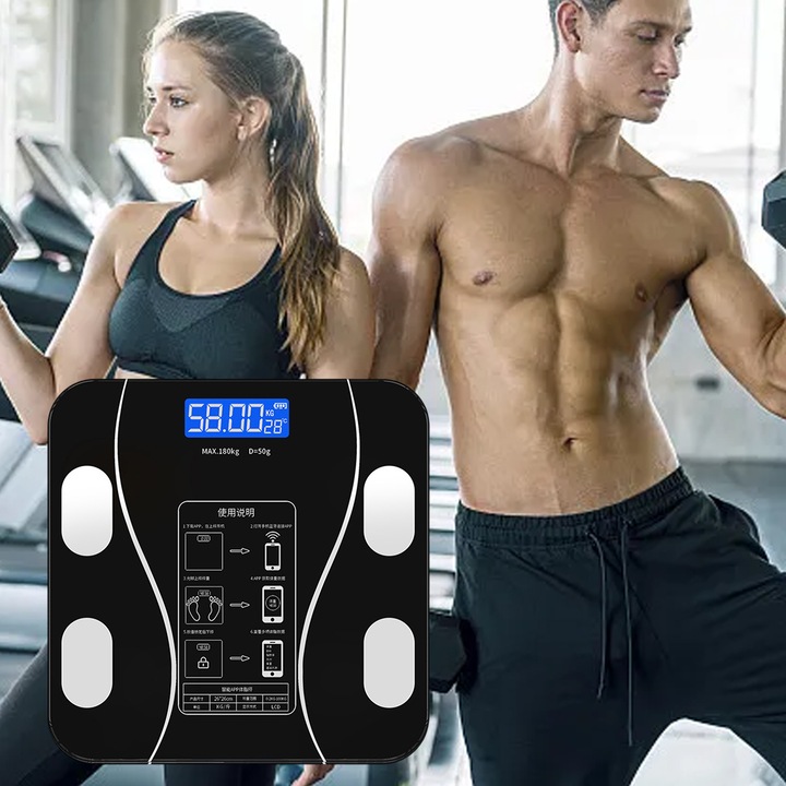 Cantar corporal Fokelyi, versiune cu baterie, negru curbat, capacitate 180KG, 80x150cm