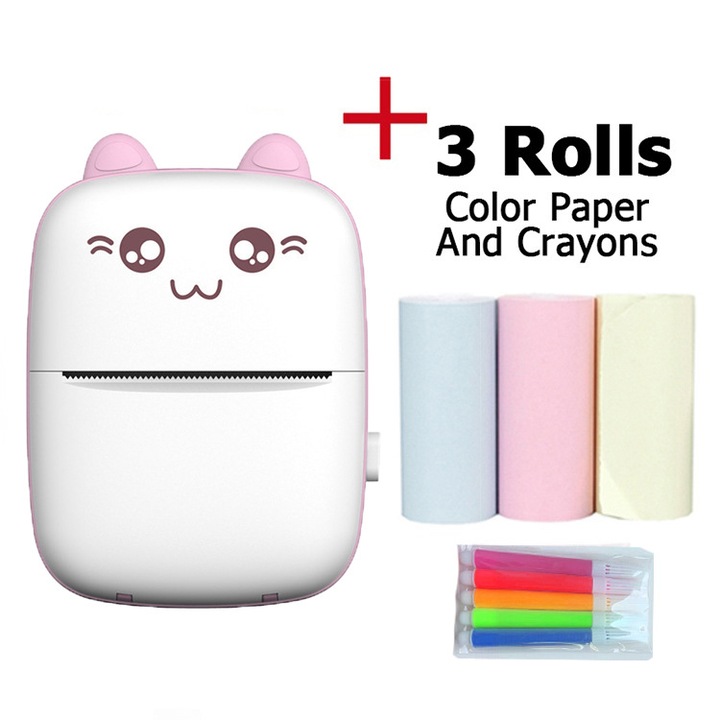Mini hordozható hőnyomtató K0276-2026826-020, Bluetooth, 200 DPI, fekete-fehér tintamentes hőnyomtatás, 1200 mAh akkumulátor, 57 x 25 mm papír, 3 színes tekercset és 5 színes markert tartalmaz