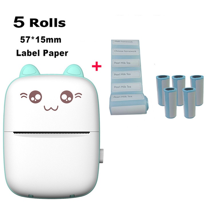 K0276-2026826-021 hordozható hőnyomtató, vezeték nélküli Bluetooth, 200 DPI, fehér kékkel, 57 mm-es címkepapír, 1200 mAh akkumulátor, 5 tekercset tartalmaz
