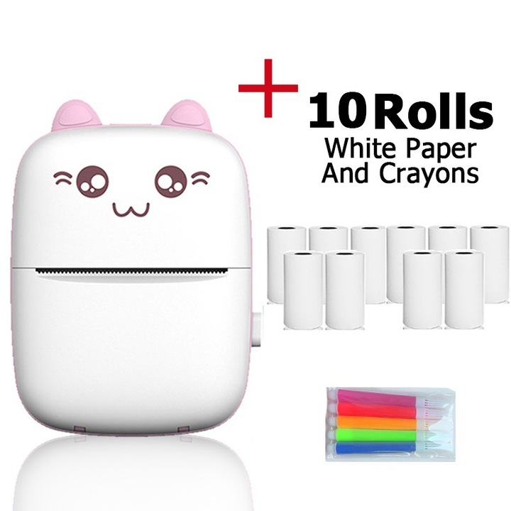 K0276-2026826-024 hordozható hőnyomtató, 200 DPI, Bluetooth, tintamentes hőnyomtatás, 57 x 25 mm papír, 1200 mAh akkumulátor, fehér/rózsaszín, szett 10 tekercs papírral és 5 markerrel