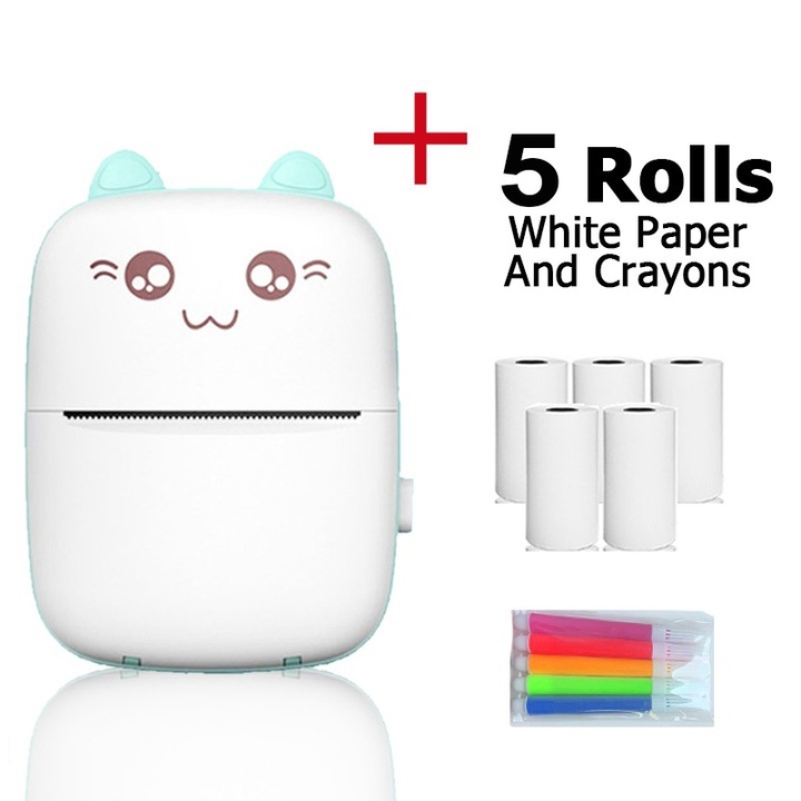 K0276-2026826-015 hordozható fotó hőnyomtató, 200 DPI, Bluetooth, fekete-fehér tintamentes nyomtatás, 1200 mAh akkumulátor, 57 x 25 mm papír, szett 5 tekercs és 5 marker, fehér/menta