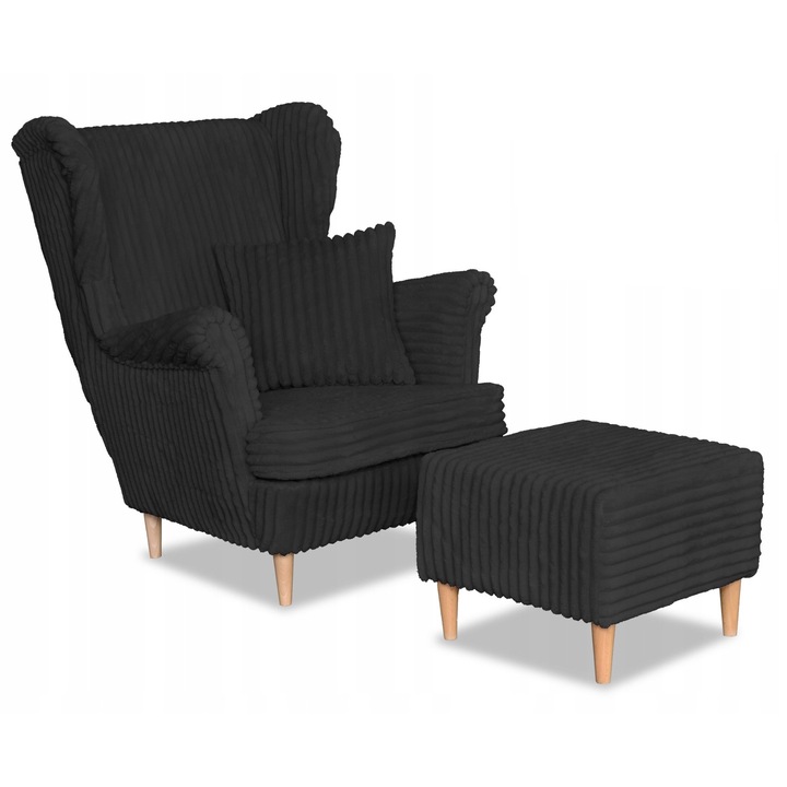 Fotel lábtartóval, Model Rene, Family Meble, Fix, Skandináv, 104x84x92 cm, Bársony/velúr/fa, fekete
