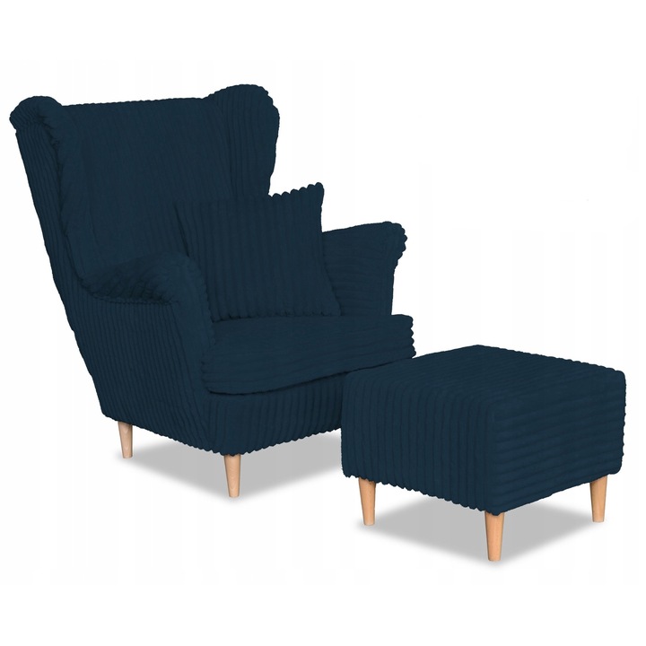 Fotel lábtartóval, Model Rene, Family Meble, Fix, Skandináv, 104x84x92 cm, Bársony/velúr/fa, kék