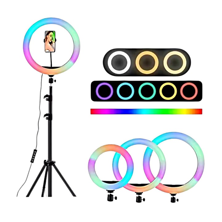 Lampa Circulara LED pentru Make-up, TikTok, Youtube, Lumina Naturala/Rece/Calda/26RGB, Trepied 210cm Inclus + telecomanda